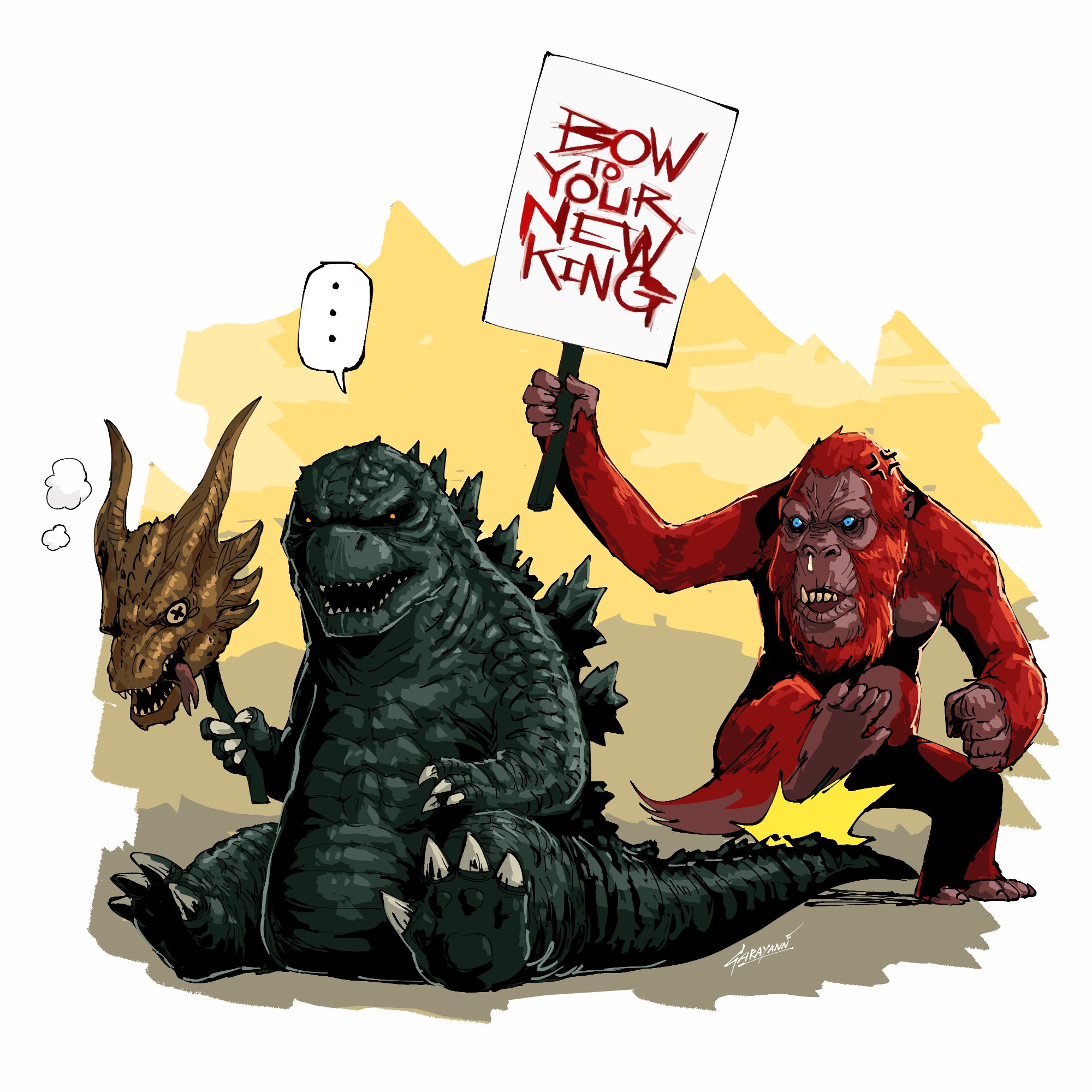 ... alien anger_vein ape blue_eyes chibi claws crossover dinosaur dragon english_text fangs forked_tongue garayann godzilla godzilla:_king_of_the_monsters godzilla_(series) godzilla_vs._kong godzilla_x_kong:_the_new_empire highres horns kaiju king_ghidorah king_kong_(series) legendary_pictures monster monsterverse no_humans no_pupils open_mouth orange_eyes orangutan sea_monster sharp_teeth sign skar_king snot speech_bubble spikes stomping tail teeth toho tongue tongue_out warner_bros x_x yellow_eyes yellow_teeth
