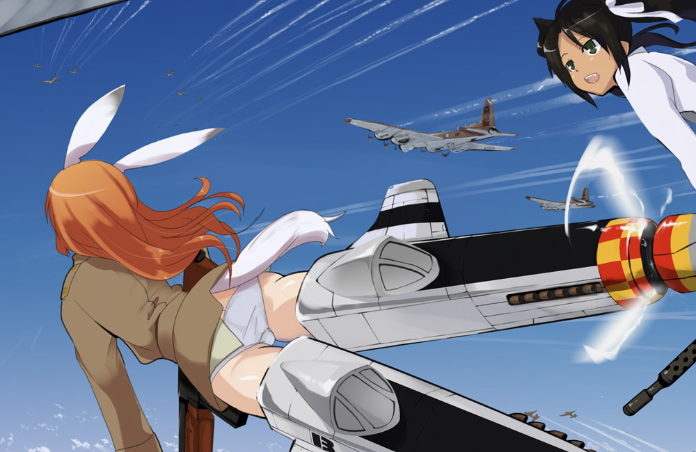 2girls aasara aircraft airplane animal_ears ass b-17 bomber charlotte_e._yeager escort_fighter flying francesca_lucchini military military_vehicle multiple_girls mustang p-51 p-51_mustang panties rabbit_ears rabbit_girl rabbit_tail strike_witches striker_unit tail tosarayama underwear world_witches_series