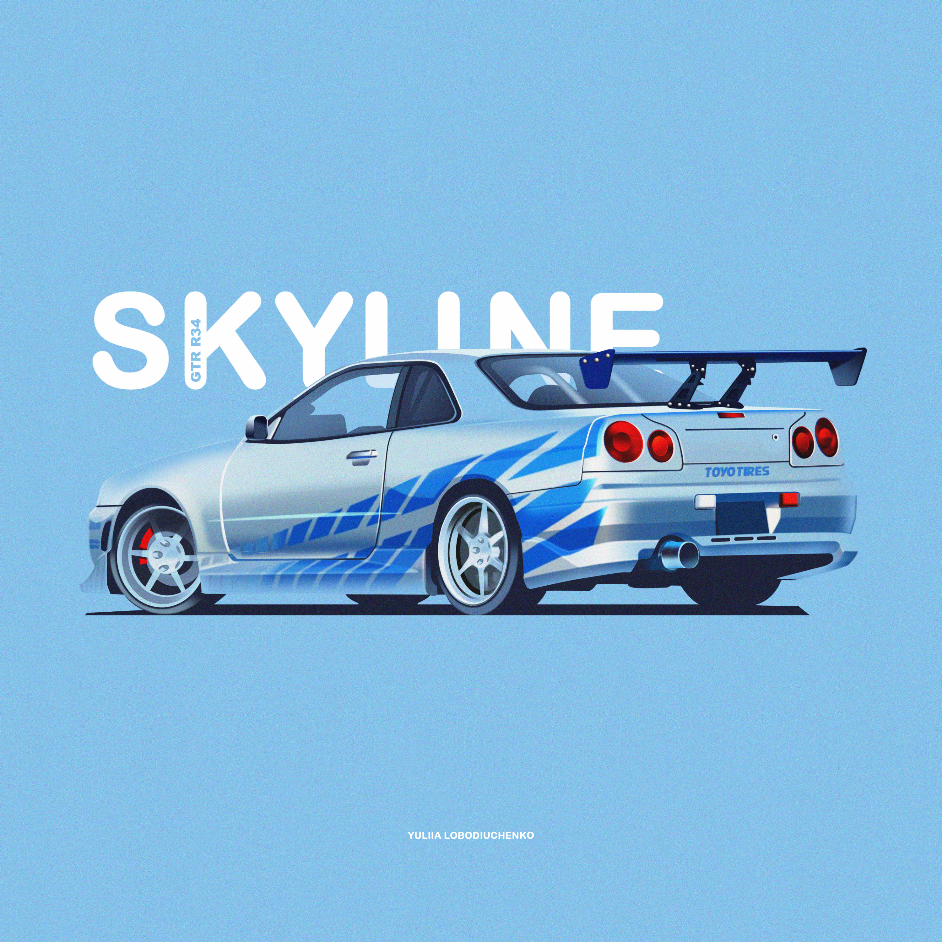2_fast_2_furious absurdres artist_name blue_background blue_car blue_theme car fast_&amp;_furious fast_&amp;_furious grey_car highres motor_vehicle nissan nissan_skyline nissan_skyline_gt-r nissan_skyline_r34 no_humans shadow spoiler_(automobile) sports_car vehicle_focus yuliia_lobodiuchenko
