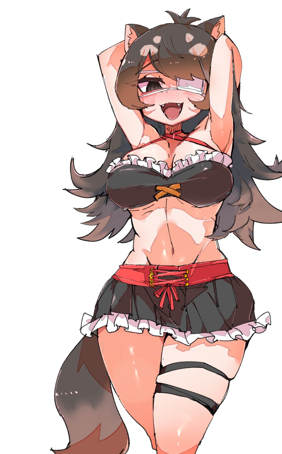 100maru 1girl animal_ears asymmetrical_gloves australian_devil_(kemono_friends) bikini black_gloves black_hair blush breasts brown_eyes empty_eyes extra_ears eyepatch fangs frilled_bikini frills gloves highres kemono_friends kemono_friends_3 large_breasts long_hair looking_at_viewer medical_eyepatch smile solo swimsuit tasmanian_devil_ears tasmanian_devil_tail