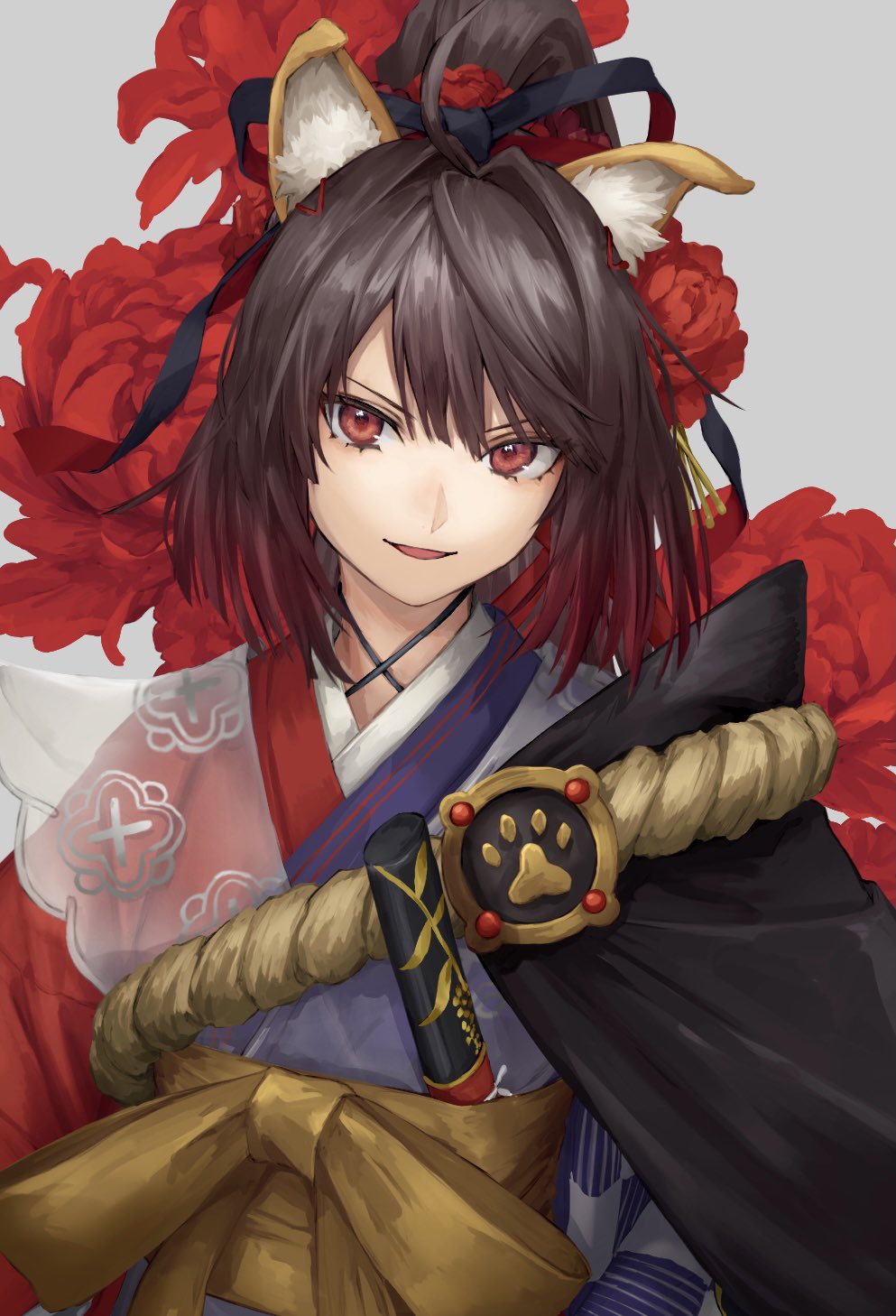 1girl ahoge breasts brown_hair fate/grand_order fate_(series) flower grey_kimono hair_flower hair_ornament hair_ribbon highres japanese_clothes kimono kouzuki_kei kyokutei_bakin_(fate) kyokutei_bakin_(second_ascension)_(fate) long_hair long_sleeves looking_at_viewer medium_breasts multicolored_kimono open_mouth ponytail red_eyes red_kimono red_ribbon ribbon rope sash smile solo very_long_hair wide_sleeves