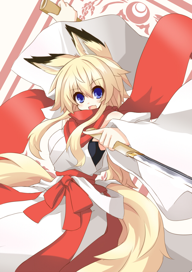 1girl animal_ears bad_id bad_pixiv_id blonde_hair blue_eyes breasts female_focus fox_ears fox_tail long_hair medium_breasts open_mouth original shirasaya smile solo sword tail weapon yu-ves