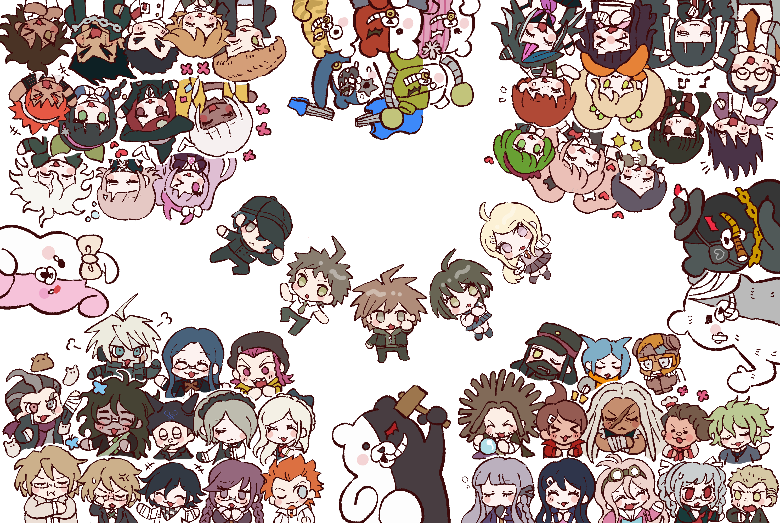 >_< 30en_(esx5g) 6+boys 6+girls :3 :o absolutely_everyone ahoge akamatsu_kaede amami_rantaro android anger_vein asahina_aoi bandaged_arm bandages beanie bear black_gloves black_hair black_pants black_shirt blonde_hair blue_hair blue_jacket blue_skirt blush blush_stickers bow braid brown_hair butterfree celestia_ludenberg chabashira_tenko chain chain_necklace cham-p chef_hat chibi cigar closed_eyes closed_mouth collared_shirt commentary_request crossed_arms crying crystal_ball daimon_masaru_(danganronpa) danganronpa:_trigger_happy_havoc danganronpa_(series) danganronpa_2:_goodbye_despair danganronpa_another_episode:_ultra_despair_girls danganronpa_v3:_killing_harmony dark-skinned_female dark-skinned_male dark_skin enoshima_junko everyone eyelashes eyepatch fake_horns fedora flying_sweatdrops freckles fujisaki_chihiro fukawa_toko gavel gen_1_pokemon glasses gloves goggles goggles_on_head gokuhara_gonta gold_chain gold_teeth green_bow green_eyes green_hair green_jacket green_necktie grey_hair grey_jacket guitar hagakure_yasuhiro hair_bow hair_horns hair_over_one_eye hairband hammer hamster hanamura_teruteru harukawa_maki hat heterochromia highres hinata_hajime holding holding_hammer horns hoshi_ryoma ikusaba_mukuro instrument iruma_miu ishimaru_kiyotaka jacket jewelry jum-p k1-b0 kemuri_jataro kirigiri_kyoko koizumi_mahiru komaeda_nagito kurokuma_(danganronpa) kuwata_leon kuzuryu_fuyuhiko long_hair maga-g maizono_sayaka mask mioda_ibuki momota_kaito monodam monokid monokuma monomi_(danganronpa) monophanie monosuke monotaro_(danganronpa) mouth_mask multicolored_hair multiple_boys multiple_girls naegi_komaru naegi_makoto nanami_chiaki necklace necktie nidai_nekomaru ogami_sakura oma_kokichi one_eye_closed open_clothes open_jacket open_mouth orange_hair orange_necktie orange_scarf owada_mondo owari_akane pants pekoyama_peko pink_eyes pink_hair pink_hairband pink_shirt pout purple_eyes purple_hair purple_hairband purple_jacket purple_scarf purple_skirt rabbit red_eyes red_hair red_hairband red_hat red_jacket red_necktie robot saihara_shuichi saionji_hiyoko scar scar_across_eye scar_on_face scarf shingetsu_nagisa shinguji_korekiyo shirogane_tsumugi shirokuma_(danganronpa) shirt short_hair simple_background skirt sleeping sleeves_past_wrists soda_kazuichi sonia_nevermind spiked_hair sun-d sweatdrop tan tanaka_gundham togami_byakuya togami_byakuya_(danganronpa_2) tojo_kirumi towa_monaca tsumiki_mikan twin_braids twintails upside-down utsugi_kotoko waving white_background white_bow white_hair white_hat white_shirt witch_hat yamada_hifumi yellow_eyes yellow_jacket yonaga_angie yumeno_himiko