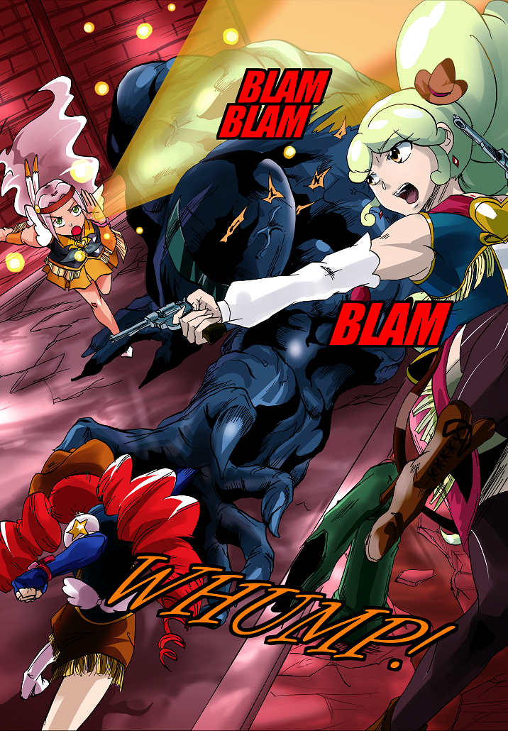10s 3girls artist_request blonde_hair blonde_haired_cure_(bomber_girls_precure)_(happinesscharge_precure!) blue_eyes bomber_girls_precure cowboy_hat feathers grey_eyes grey_hair grey_haired_cure_(bomber_girls_precure)_(happinesscharge_precure!) gun feather_hair_ornament happinesscharge_precure! hat multiple_girls ponytail precure red_hair red_haired_cure_(bomber_girls_precure)_(happinesscharge_precure!) weapon