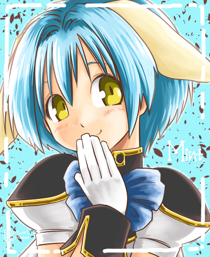 1girl angel_wing_uniform animal_ears aoneco blue_hair blue_ribbon blush character_name covering_own_mouth galaxy_angel gloves hand_over_own_mouth looking_at_viewer military_uniform mint_blancmanche ribbon short_hair smirk solo upper_body white_gloves yellow_eyes