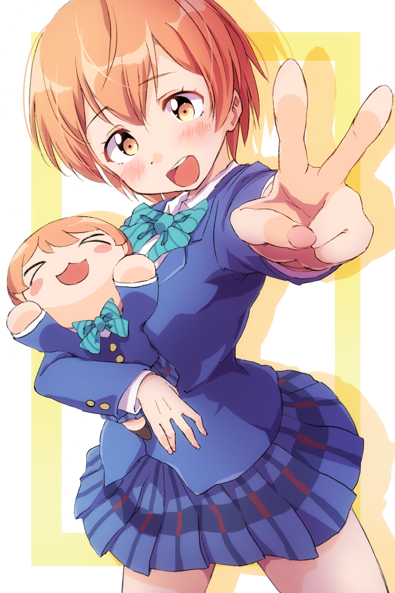 &gt;_&lt; 1girl blazer blue_bow blue_bowtie blue_jacket blue_skirt blush bow bowtie character_doll cowboy_shot doll drop_shadow fingernails foreshortening highres holding holding_doll hoshizora_rin jacket long_sleeves looking_at_viewer love_live! love_live!_school_idol_project nesoberi open_mouth orange_hair otonokizaka_school_uniform outstretched_arm pleated_skirt school_uniform sen_(sen0910) short_hair skirt smile solo striped_bow striped_bowtie striped_clothes teeth upper_teeth_only v winter_uniform yellow_eyes