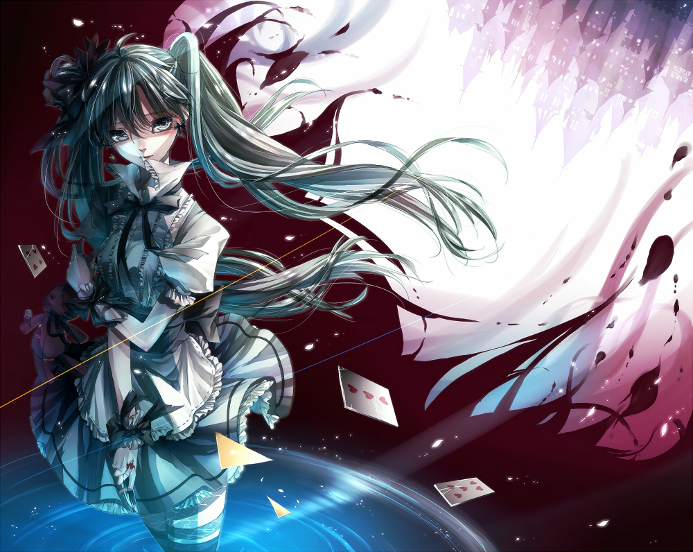 1girl card female_focus frills green_eyes green_hair hatsune_miku koyoru-f long_hair matching_hair/eyes skirt solo twintails very_long_hair vocaloid
