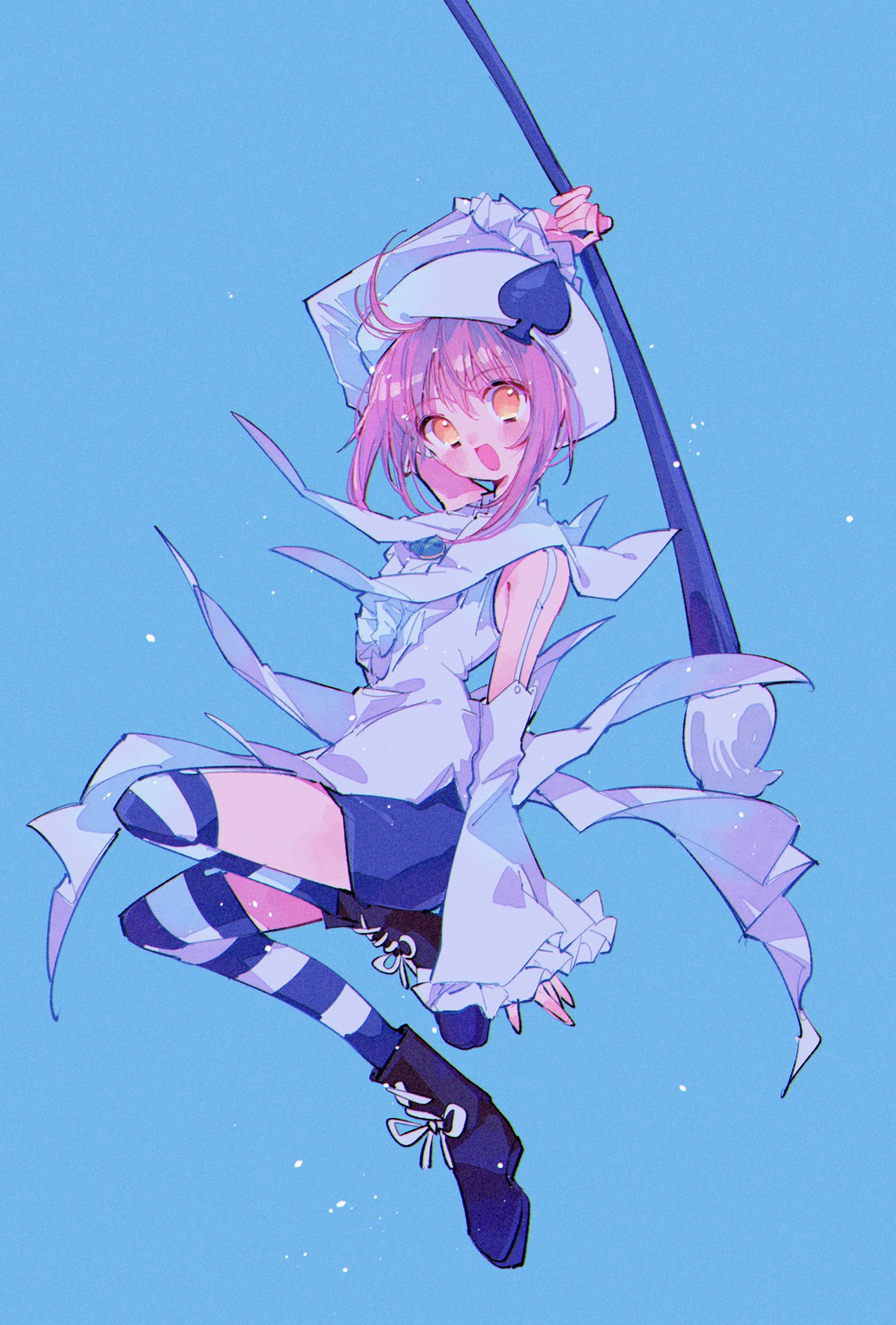 1girl amulet_spade blue_background blue_hat commentary_request detached_sleeves frills giant_brush hair_ornament hat highres hinamori_amu holding holding_brush magical_girl open_mouth pink_hair pochi_(askas_is_god) shirt shorts shugo_chara! smile solo spade_(shape) spade_hair_ornament striped_clothes striped_thighhighs thighhighs yellow_eyes