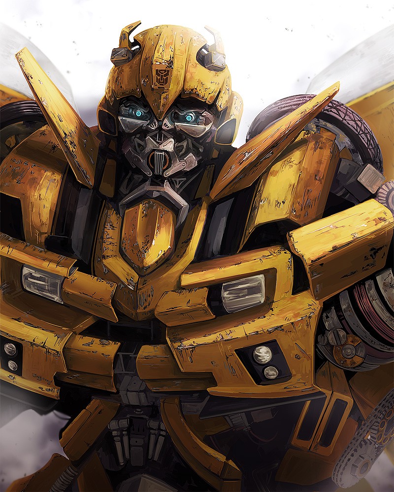 autobot blue_eyes bumblebee_(transformers) chevrolet_camaro glowing glowing_eyes helmet humanoid_robot insignia machine mecha no_humans rimuro robot science_fiction transformers transformers_(live_action) wheel yellow_helmet