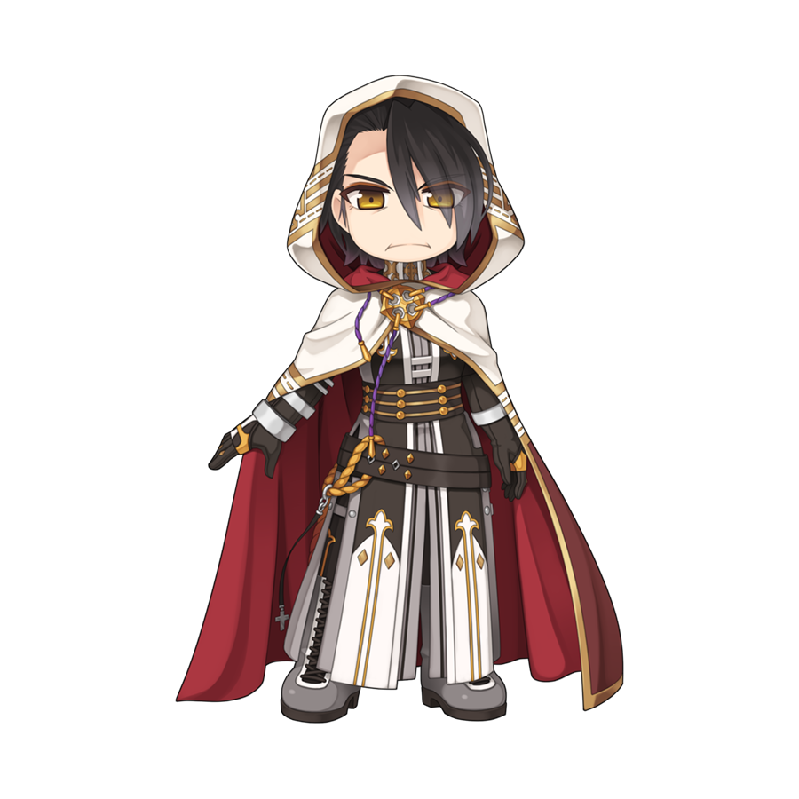 1boy :i belt black_belt black_coat black_gloves black_hair black_sash boots chibi chibi_only cloak closed_mouth coat cross eyes_visible_through_hair frown full_body gloves grey_boots hair_between_eyes hood hood_up hooded_cloak long_bangs looking_at_viewer male_focus official_art ragnarok_online red_cloak sash short_hair simple_background solo standing transparent_background two-sided_cloak two-sided_fabric voglinde_gaebolg white_cloak yellow_eyes yuichirou