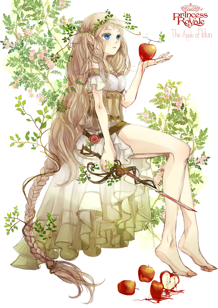 1girl aiha-deko apple bare_shoulders barefoot blood braid brown_hair copyright_name detached_sleeves female_focus food fruit idun_(norse_mythology) long_hair norse_mythology princess_royale solo sword very_long_hair weapon