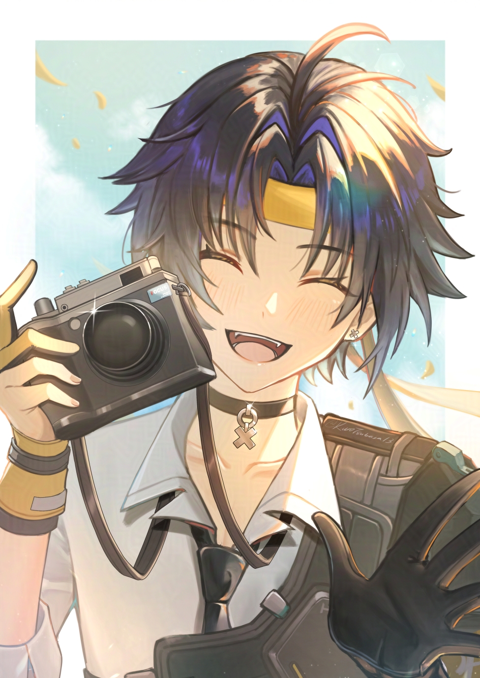 1boy ahoge asaba_harumasa bandana bishounen black_choker black_gloves black_hair black_necktie camera choker closed_eyes collared_shirt facing_viewer gloves highres kuro_tsubasa male_focus necktie open_mouth shirt short_hair solo upper_body white_shirt zenless_zone_zero