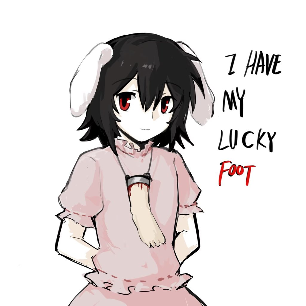 1girl :3 animal_ears arms_behind_back black_hair bleeding blood double-parted_bangs dress english_text feet floppy_ears frills guro hair_between_eyes inaba_tewi jewelry lei_niao3375 light_smile looking_at_viewer necklace pendant pink_dress puffy_short_sleeves puffy_sleeves rabbit_ears red_eyes severed_foot severed_limb short_hair short_sleeves simple_background solo touhou upper_body what white_background