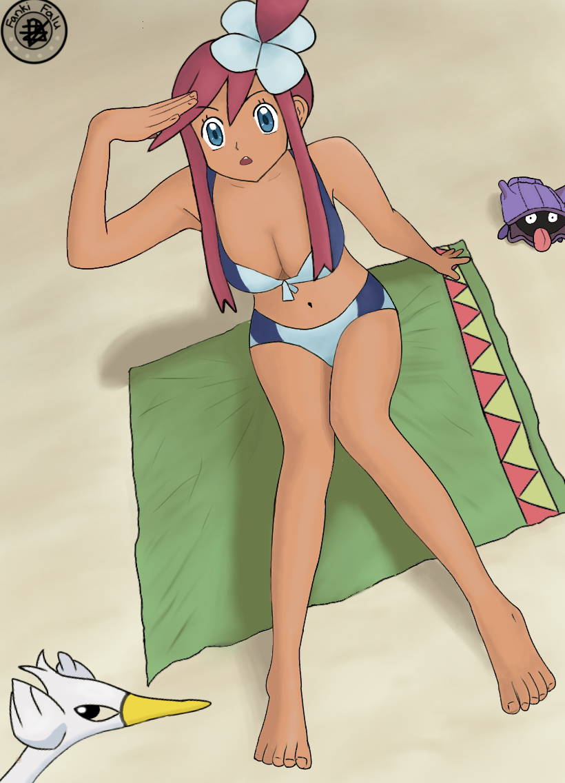 1girl adapted_costume arm_at_side armpit_crease artist_logo barefoot beach bikini blue_bikini blue_eyes breasts cleavage collarbone day eyelashes fankifalu feet female_focus fingernails focused from_above front-tie_bikini_top front-tie_top full_body gen_1_pokemon gen_5_pokemon gym_leader hair_between_eyes hair_bun hair_ornament hand_up knees_together_feet_apart large_breasts legs logo long_hair long_sidelocks looking_afar midriff navel nintendo open_mouth orange_hair outdoors pokemon pokemon_(creature) pokemon_bw shellder sidelocks sitting skyla_(pokemon) summer swanna swept_bangs swimsuit tan thighs toenails toes