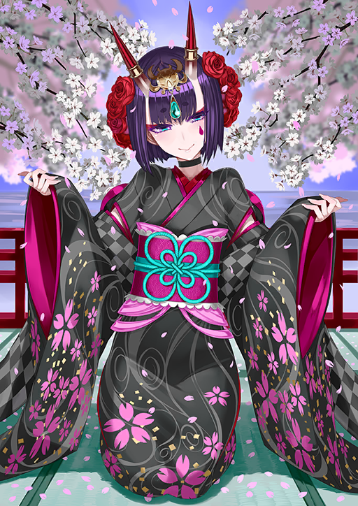 1girl aqua_eyes black_choker black_kimono blush bob_cut cherry_blossom_print choker closed_mouth clothing_cutout eyeliner fate/grand_order fate_(series) floral_print floral_print_kimono flower full_body hair_flower hair_ornament hands_up head_tilt honjou_raita horns japanese_clothes kimono long_sleeves looking_at_viewer makeup obi obiage obijime official_art petals pink_sash print_kimono purple_hair red_eyeliner red_flower red_horns red_rose rose sash seiza short_hair shuten_douji_(fate) shuten_douji_(lostroom_outfit)_(fate) sitting skin-covered_horns sleeves_past_wrists smile solo tatami teardrop_facial_mark third-party_source wide_sleeves
