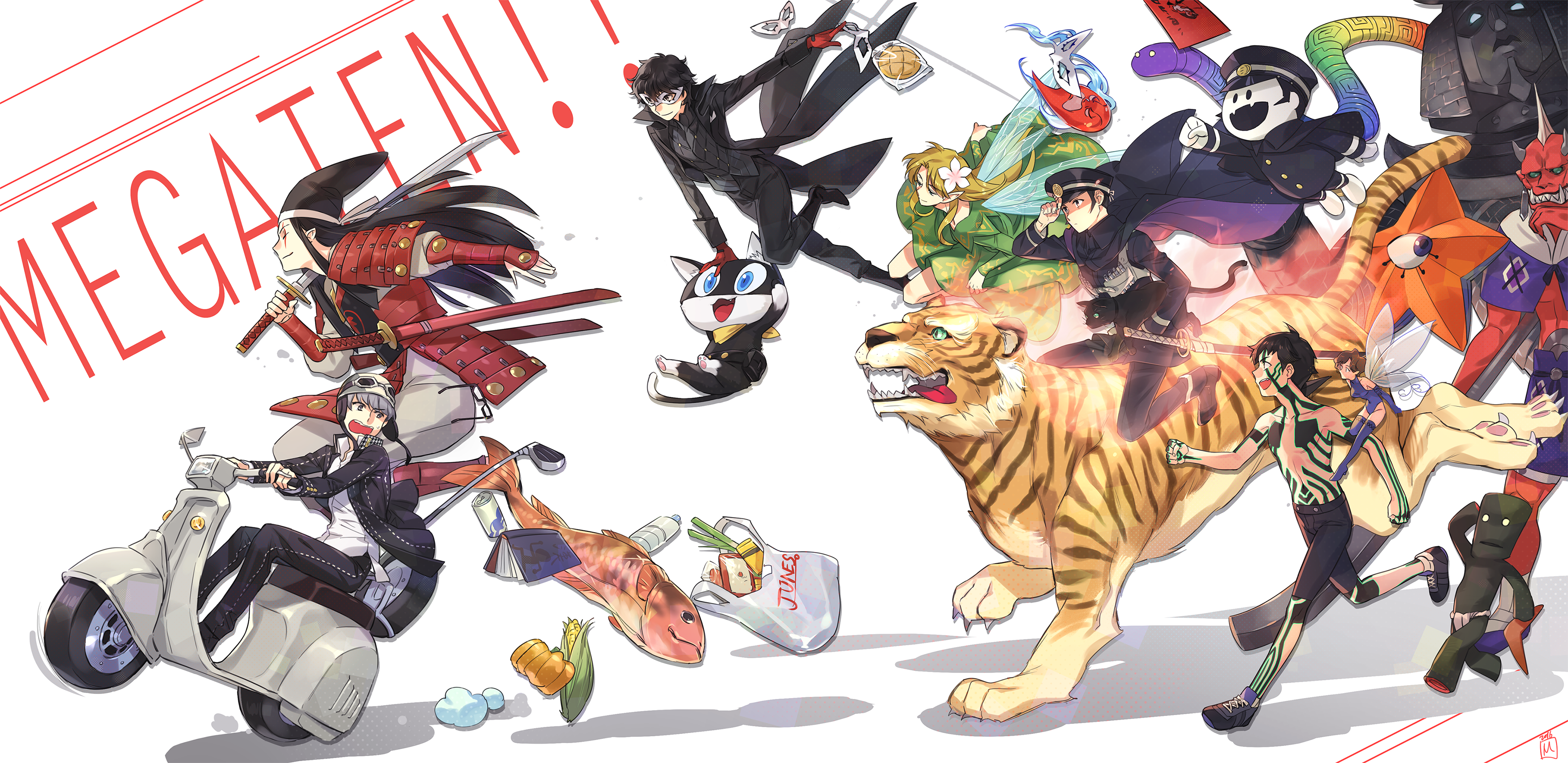 10s absurdres amamiya_ren ara_mitama bag character_request company_connection crossover cu_chulainn_(megami_tensei) decarabia demi-fiend devil_summoner fairy fish gdon helmet highres kuzunoha_raidou mansu megami_tensei mokoi mokoi_(megami_tensei) monster monster_girl morgana_(persona_5) motor_vehicle narukami_yu oni_(megami_tensei) oumitsunu persona persona_4 persona_4_the_golden persona_5 pixie_(megami_tensei) raiho scooter shin_megami_tensei shin_megami_tensei_iii:_nocturne shopping_bag simple_background sword tiger titania_(megami_tensei) weapon white_background yoshitsune_(megami_tensei) yurlungur