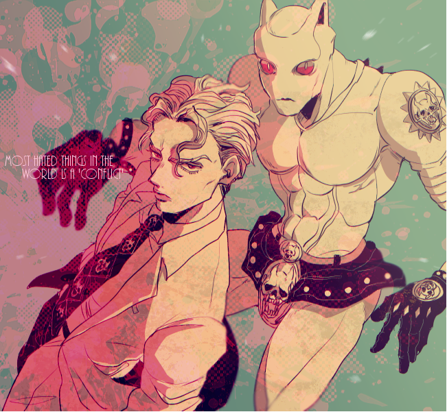 1boy 1other animal_ears argyle_clothes argyle_necktie black_gloves black_necktie cat_ears collared_shirt diamond_wa_kudakenai dress_shirt english_text eyelashes gloves hair_between_eyes hair_slicked_back halftone ichirinhna jacket jojo_no_kimyou_na_bouken killer_queen kira_yoshikage limited_palette looking_at_viewer male_focus necktie pants perspective red_eyes shirt short_hair stand_(jojo) studded_gloves suit_jacket wing_collar