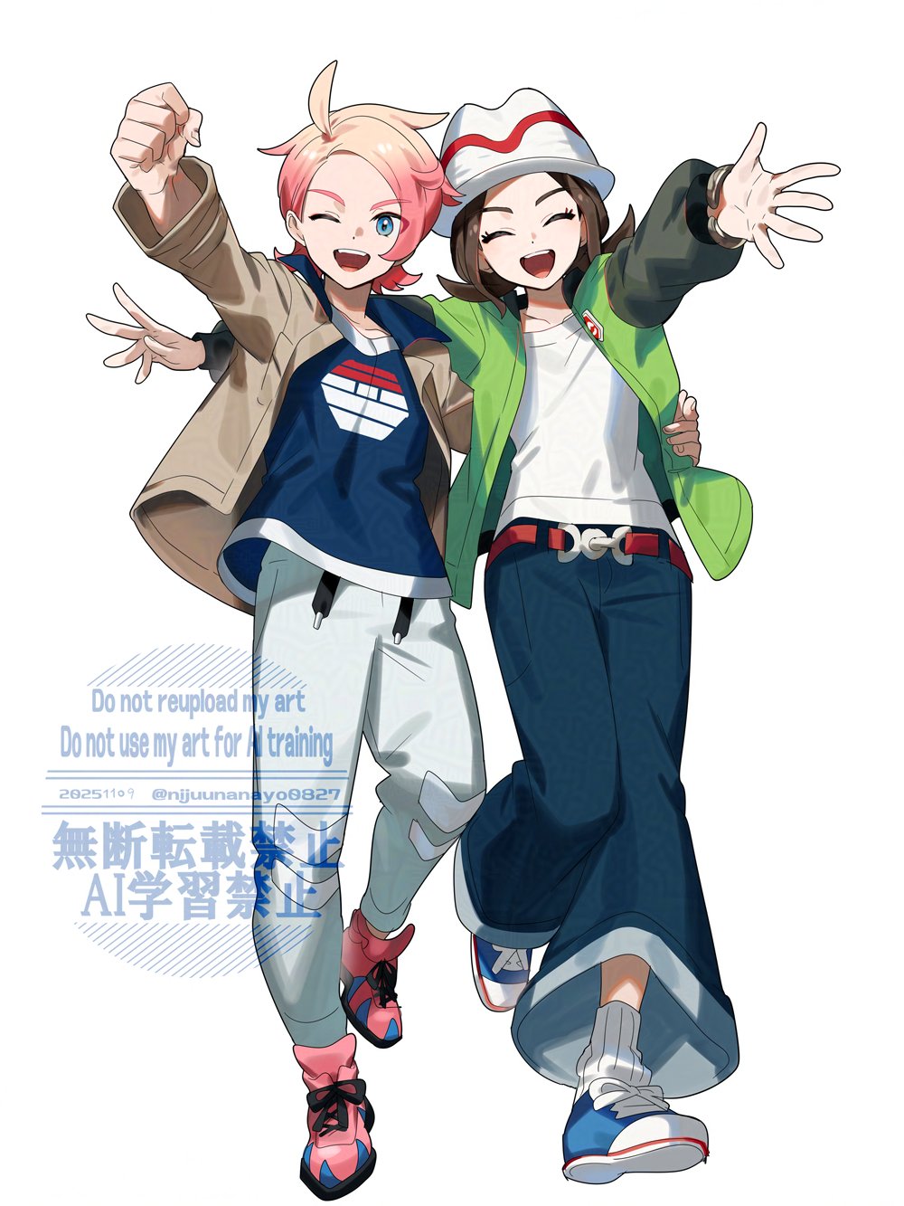 1boy 1girl :d ^_^ arm_around_back arm_up belt blonde_hair blue_eyes blue_shirt brown_hair brown_jacket clenched_hand closed_eyes commentary_request denim facing_viewer gradient_hair green_jacket harmony_(pokemon) hat highres jacket jeans looking_at_viewer multicolored_hair ninahachi nintendo one_eye_closed open_mouth pants pink_hair pokemon pokemon_legends:_z-a red_belt shirt short_hair smile teeth upper_teeth_only urbain_(pokemon) watermark white_hat white_pants white_shirt