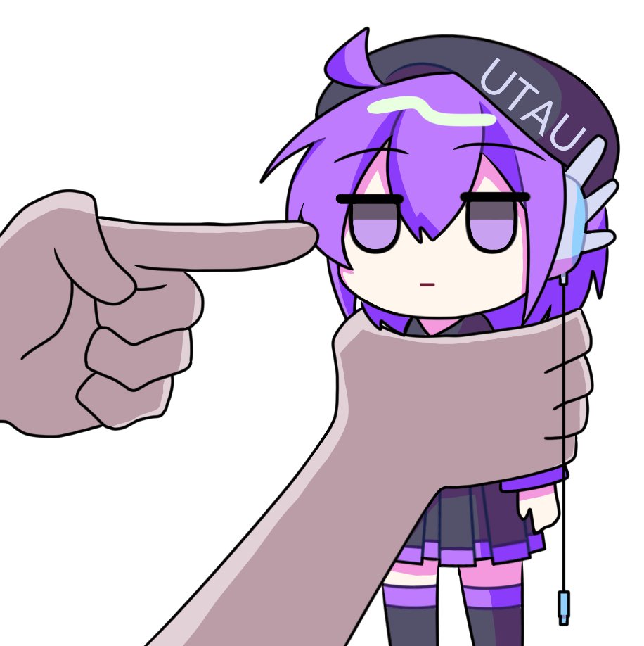 1girl 1other ahoge audio_cable beret black_skirt black_thighhighs expressionless hat nnr7zmn0qa49273 pointing purple_eyes purple_hair robot_ears short_hair skirt thighhighs utane_uta utau