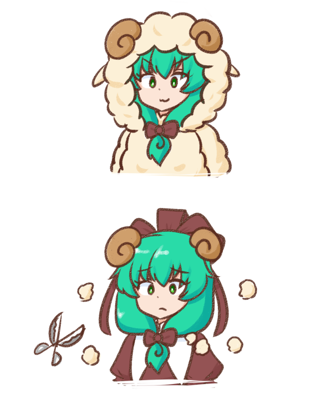 1girl :/ :3 animal_costume closed_mouth front_ponytail green_eyes green_hair hair_ribbon horns kagiyama_hina looking_at_viewer mizusoba ribbon scissors sheep_costume simple_background touhou upper_body white_background