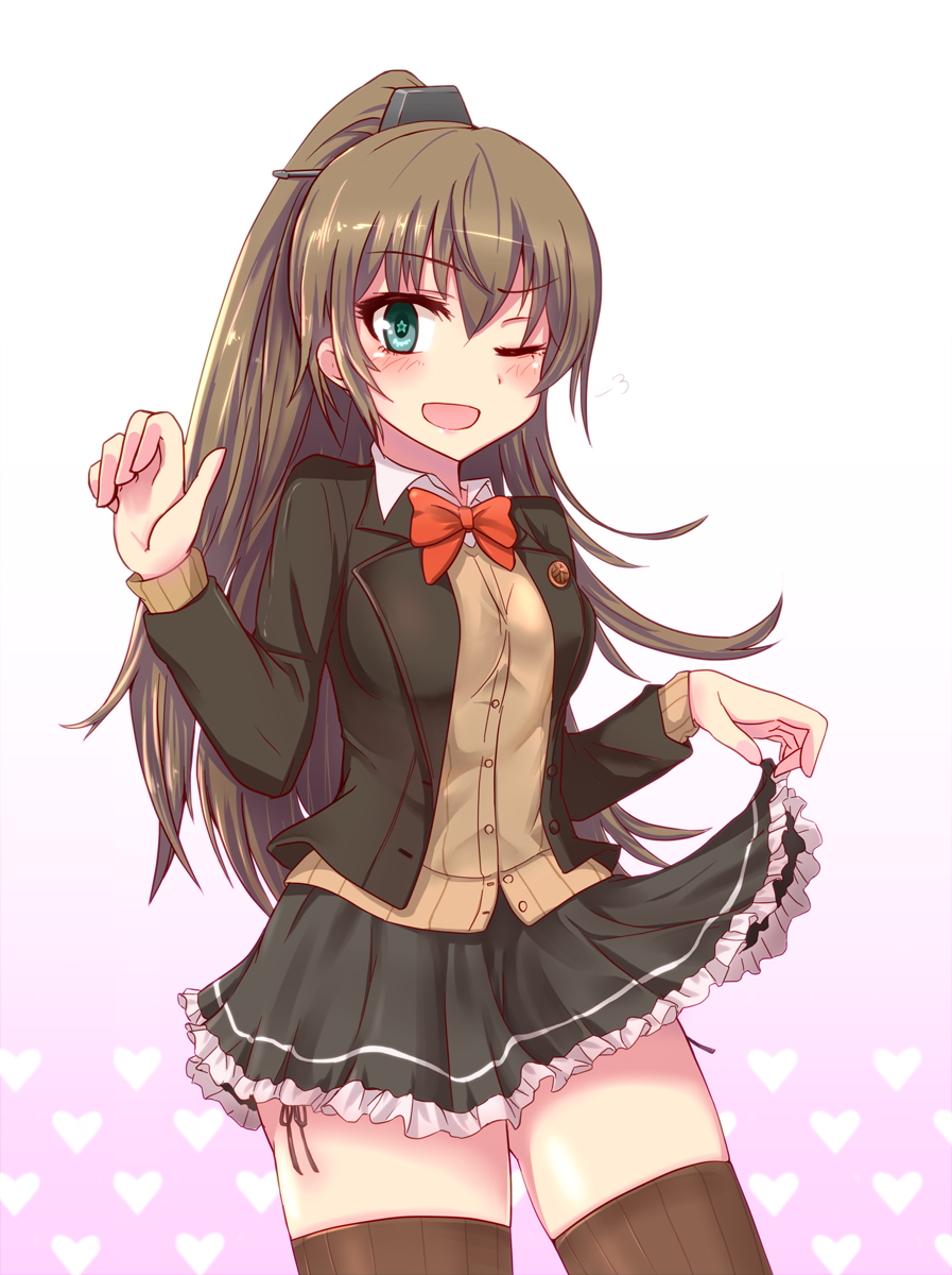 1girl aqua_eyes bow bowtie brown_hair brown_jacket brown_skirt buttons cardigan frilled_skirt frills gradient_background highres jacket kantai_collection kihou_no_gotoku_dmc kumano_(kancolle) kumano_kai_ni_(kancolle) long_sleeves miniskirt one_eye_closed ponytail red_bow red_bowtie school_uniform side-tie_peek skirt skirt_hold