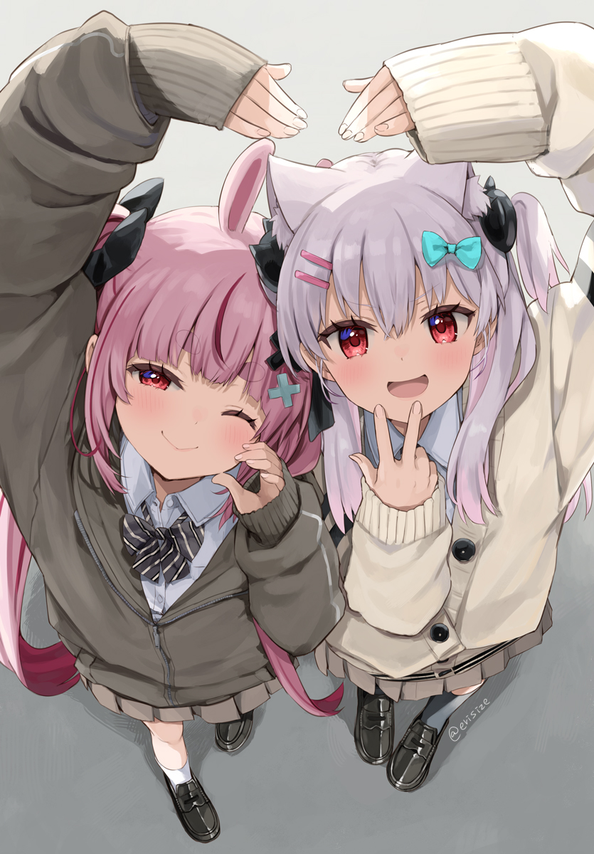 2girls :d ;) animal_ear_fluff animal_ears arm_up black_bow black_footwear blue_bow bow cardigan cat_ears closed_mouth collared_shirt commentary_request diagonal-striped_bow dress_shirt foreshortening from_above grey_background grey_hair grey_jacket grey_socks hair_between_eyes hair_bow hair_ornament hairclip half-closed_eye highres indie_virtual_youtuber jacket loafers long_hair long_sleeves looking_at_viewer looking_up multiple_girls natsume_eri natsume_eri_(vtuber) one_eye_closed open_mouth puffy_long_sleeves puffy_sleeves purple_hair rabbit_ears red_eyes shirt shoes short_eyebrows sleeves_past_wrists smile socks thick_eyebrows tomari_mari twintails twitter_username v-shaped_eyebrows very_long_hair virtual_youtuber white_cardigan white_shirt white_socks