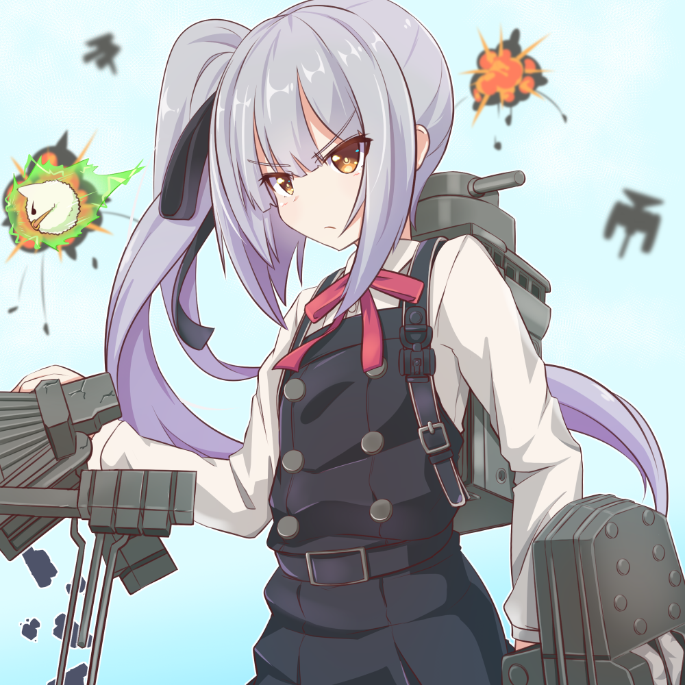1girl belt belt_buckle black_belt black_dress black_ribbon buckle collared_shirt dress grey_hair hair_ribbon kantai_collection kasumi_(kancolle) kasumi_kai_ni_(kancolle) long_hair long_sleeves machinery pinafore_dress red_ribbon ribbon rigging ship_turret shirt side_ponytail sleeveless sleeveless_dress solo utouto white_shirt yellow_eyes