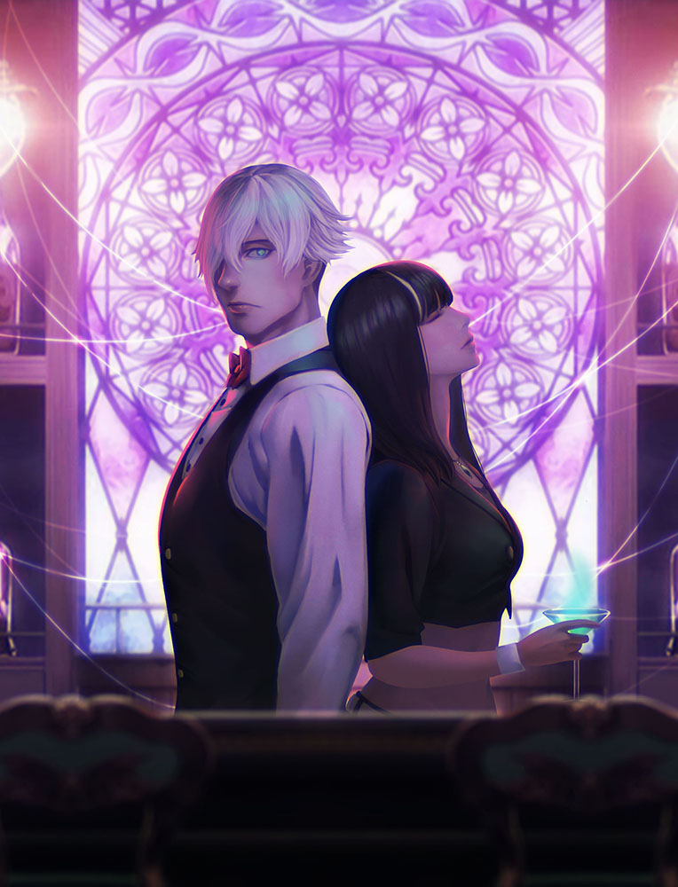 1boy 1girl bartender black_hair black_vest blue_eyes blurry blurry_foreground bow bowtie closed_eyes cocktail_glass cup death_parade decim_(death_parade) drinking_glass hair_over_one_eye indoors kakukaku_(pixiv3254156) kurokami_no_onna long_hair short_hair standing upper_body vest white_hair