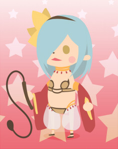 1girl bikini black_hairband blue_hair bow brown_bikini brown_eyes chibi chibi_only commentary_request detached_sleeves full_body gypsy_(ragnarok_online) hair_bow hairband harem_pants holding holding_whip long_hair lowres mere_(enya) no_lineart pants pink_background ragnarok_online red_sleeves see-through_clothes see-through_pants solo standing star_(symbol) star_symbol_background strapless strapless_bikini swimsuit white_pants yellow_bow