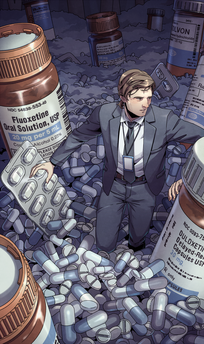 1boy belt brown_belt brown_hair business_suit collared_shirt commentary english_text formal_clothes grey_jacket grey_pants highres jacket male_focus mark_scout medicine name_tag necktie pants pill pill_bottle severance_(series) shirt short_hair solo suit sweatdrop too_many wenny02 white_shirt