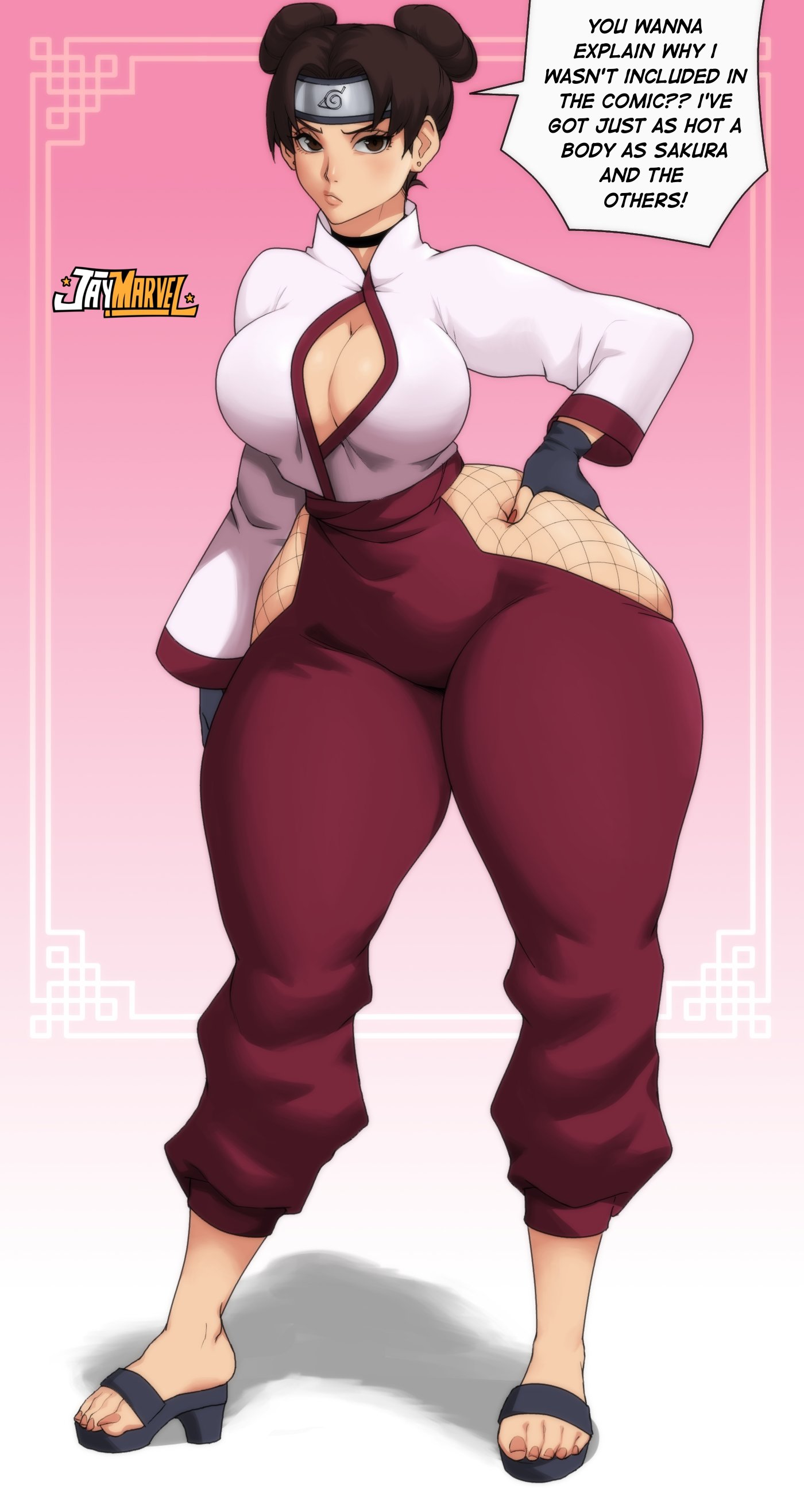 jay-marvel, tenten (naruto), naruto, naruto (series), absurdres, highres,  1girl, breasts, choker, cleavage, contrapposto, curvy, english text, feet,  female focus, fingerless gloves, fishnets, frown, full body, gloves, hair  bun, hand on own hip,