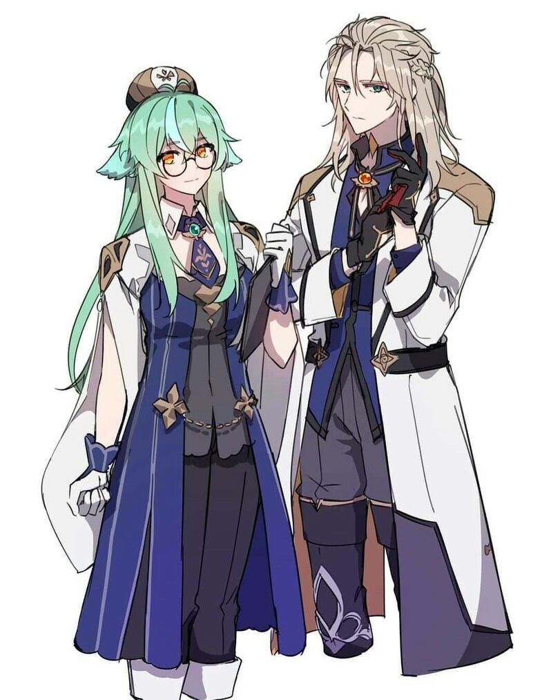 1boy 1girl aged_up albedo_(genshin_impact) alternate_costume animal_ears bad_id bad_twitter_id black_gloves black_pants blonde_hair blue_dress blue_eyes blue_shirt coat dress fox_ears genshin_impact glasses gloves green_hair grey_pants hat highsugarshork long_hair looking_at_viewer orange_eyes pants round_eyewear shirt shrug_(clothing) simple_background sucrose_(genshin_impact) white_background white_coat white_gloves white_shrug