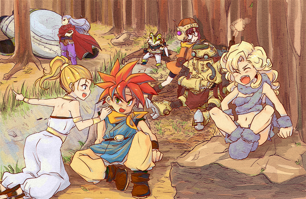 1990s_(style) 2boys 3girls ayla_(chrono_trigger) chrono_(series) chrono_trigger crono_(chrono_trigger) epoch everyone forest frog_(chrono_trigger) lucca_ashtear magus_(chrono_trigger) marle_(chrono_trigger) multiple_boys multiple_girls nature outdoors retro_artstyle robo_(chrono_trigger) square_enix tree