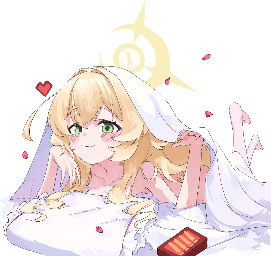 1girl :3 ammunition_box bed_sheet blonde_hair blue_archive blush commentary_request green_eyes halo heart looking_at_viewer nude petals pillow professor_niyaniya_(blue_archive) shimeji_take solo white_background yellow_halo