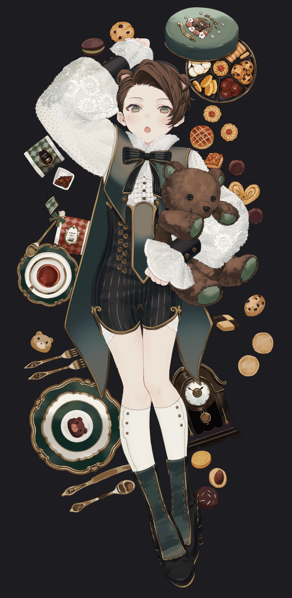 1boy animal_ears arm_up bear_boy bear_ears blush boots bow bowtie brown_hair clock commentary cookie cup food fork high_heel_boots high_heels highres kneehighs knife long_sleeves looking_at_viewer lying macaron mege_(megechan) on_back open_mouth original plate short_hair socks spoon stuffed_animal stuffed_toy tea teacup tongue translated