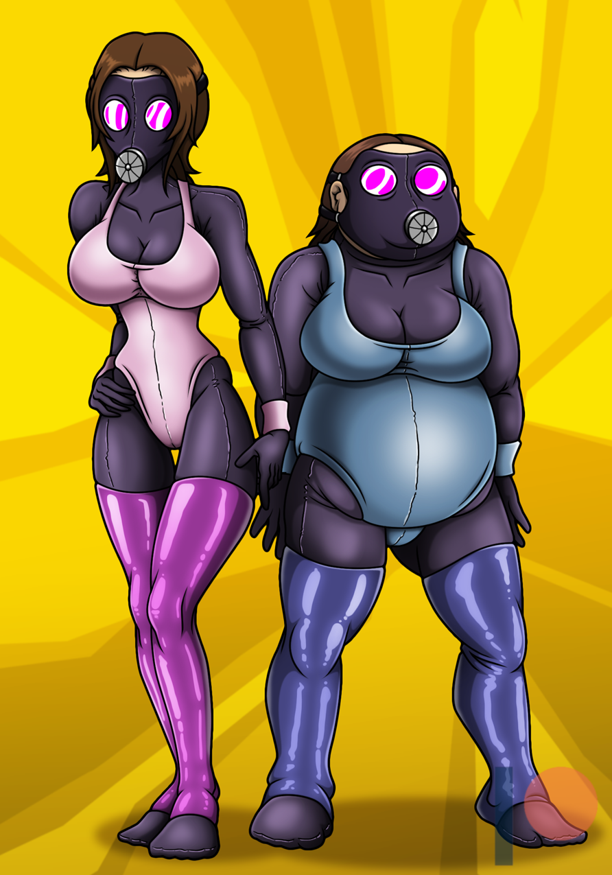 atlus breasts brown_hair fat gas_mask highres huge_breasts kashiwagi_noriko leggings leotard looking_at_viewer mask ohtani_hanako persona persona_4 plump re-maker s-maker spandex