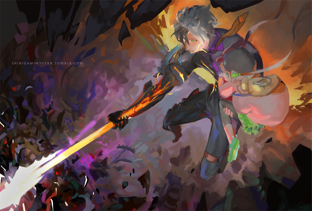 1boy 1girl backpack bag beret elle_mel_martha hat holding holding_polearm holding_weapon jacket ludger_will_kresnik multicolored_background multicolored_hair necktie pink_jacket polearm shinigami_wyvern signature tales_of_(series) tales_of_xillia tales_of_xillia_2 two-tone_hair weapon yellow_background
