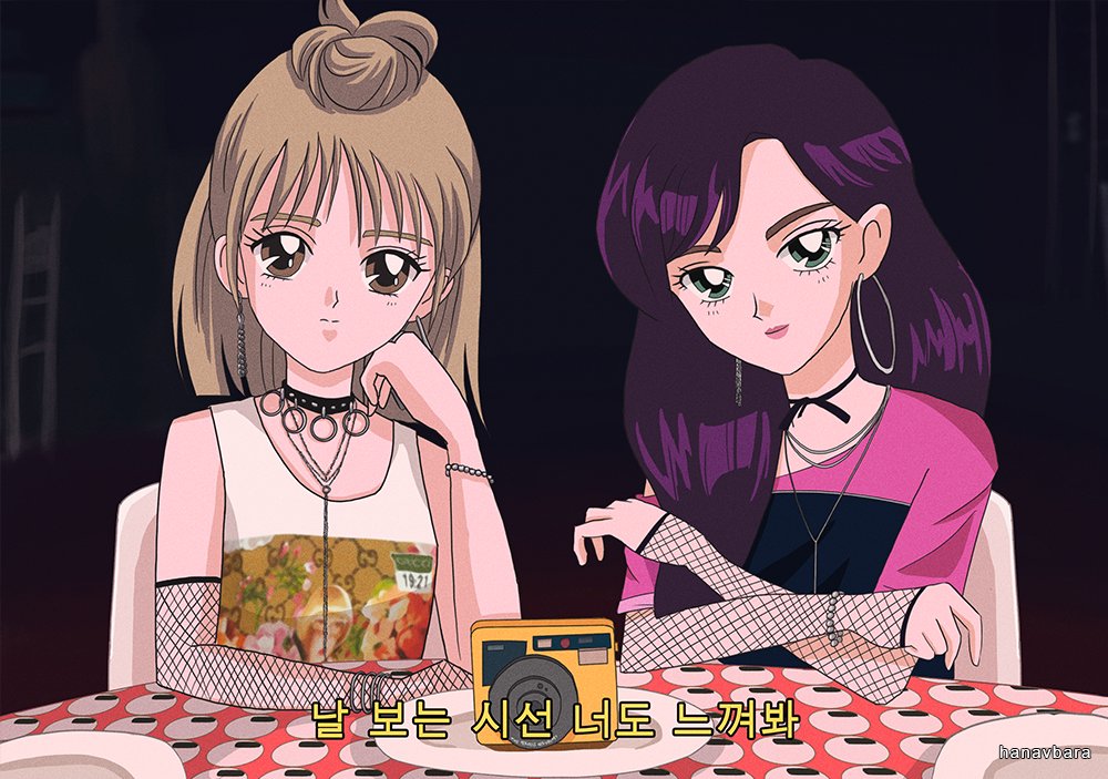 1990s_(style) 2girls black_background blonde_hair bracelet brown_eyes choker commentary earrings elbow_gloves english_commentary fishnet_gloves fishnets gloves green_eyes hair_bun hanavbara hoop_earrings jewelry k-pop long_hair looking_at_viewer lyrics medium_hair multiple_girls pink_shirt purple_hair real_life red_velvet_(group) retro_artstyle shirt simple_background single_elbow_glove sleeveless table upper_body wendy_(red_velvet) yeri_(red_velvet)