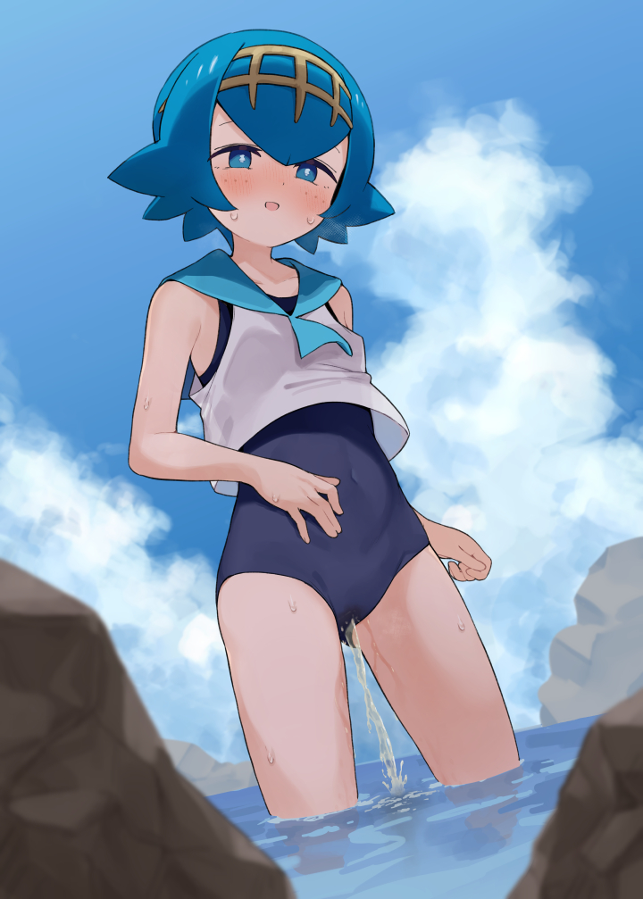 1girl blue_eyes blue_hair blue_one-piece_swimsuit breasts commentary_request covered_navel creatures_(company) game_freak lana_(pokemon) metaring nintendo one-piece_swimsuit open_mouth paid_reward_available pee peeing peeing_self pokemon pokemon_sm school_swimsuit small_breasts solo swimsuit textless_version wading