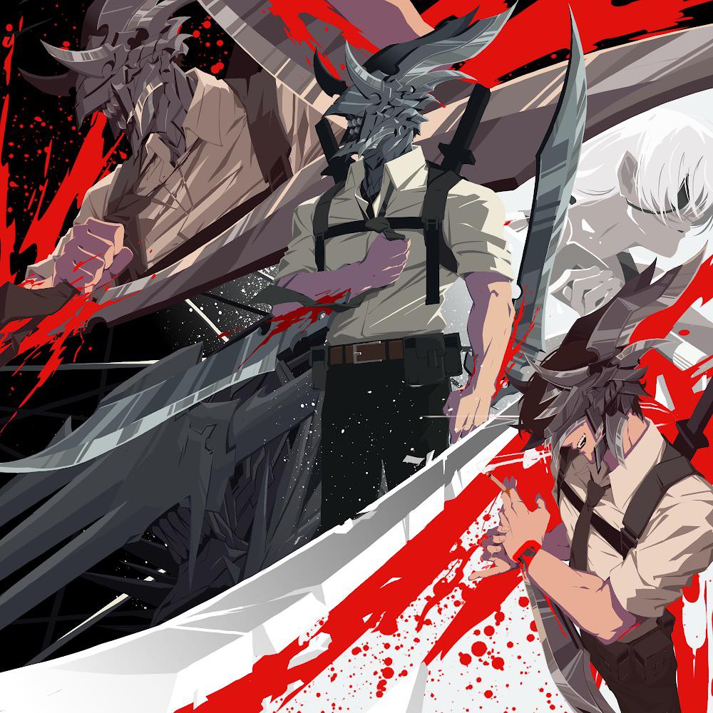 1boy 1girl black_necktie black_pants blood blood_spray bloody_weapon chainsaw_man chest_belt collared_shirt crossbow_devil_(chainsaw_man) disembodied_hand holding holding_sword holding_weapon kishibe_(chainsaw_man) kishibe_(young)_(chainsaw_man) knife long_hair necktie open_mouth original pants ponytail quanxi_(chainsaw_man) remi_tsu sharp_teeth shirt shirt_tucked_in smile sword teeth weapon weapon_on_back white_hair white_shirt