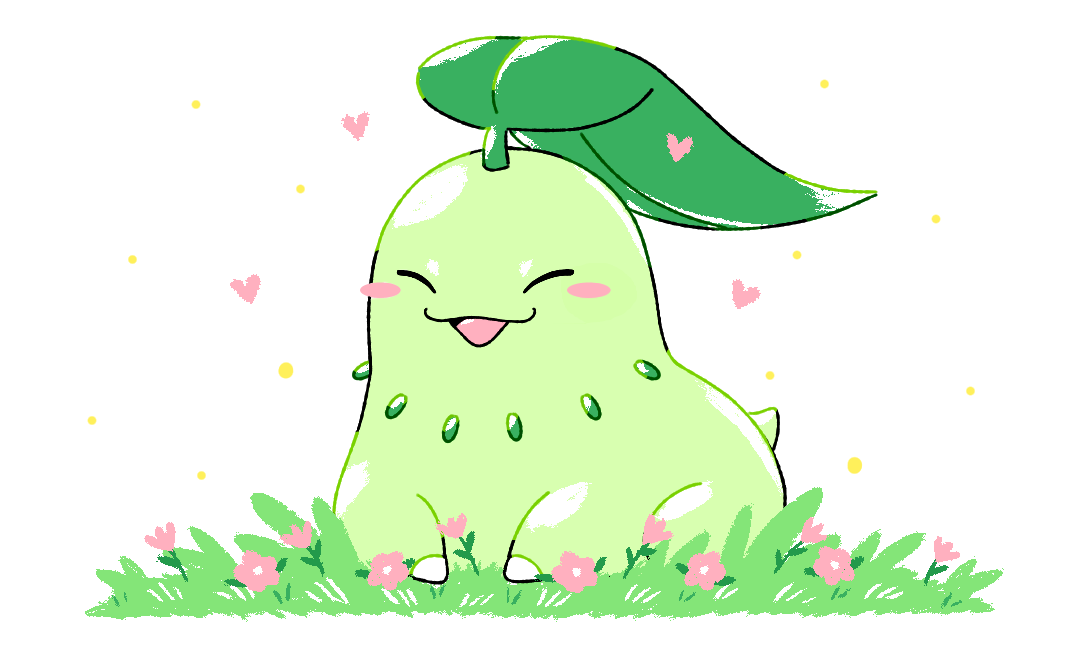 ^_^ blush_stickers chikorita closed_eyes colored_lineart commentary commission english_commentary flower full_body gen_2_pokemon gotchibam grass heart ko-fi_commission leaf nintendo no_humans on_grass pink_flower pokemon pokemon_(creature) pokemon_focus pollen sidelighting simple_background sitting smile solo white_background