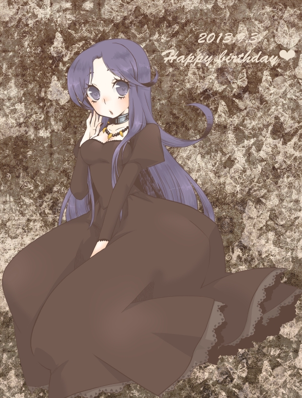 1girl 2013 bead_necklace beads black_dress breasts cleavage dated dress full_body hand_to_own_mouth hand_up happy_birthday jewelry juliet_sleeves long_dress long_hair long_sleeves medium_breasts neck_ring necklace pandora_(saint_seiya) puffy_sleeves saint_seiya shoooootingstar solo
