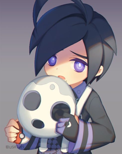 1boy ahoge allister_(pokemon) black_hair black_shirt bright_pupils collared_shirt commentary_request gloves grey_background holding holding_mask holding_poke_ball long_sleeves male_focus mask mole mole_under_mouth nintendo open_mouth partially_fingerless_gloves poke_ball poke_ball_(basic) pokemon pokemon_swsh purple_eyes shirt short_hair single_glove solo suspenders upper_body white_pupils wusagi2