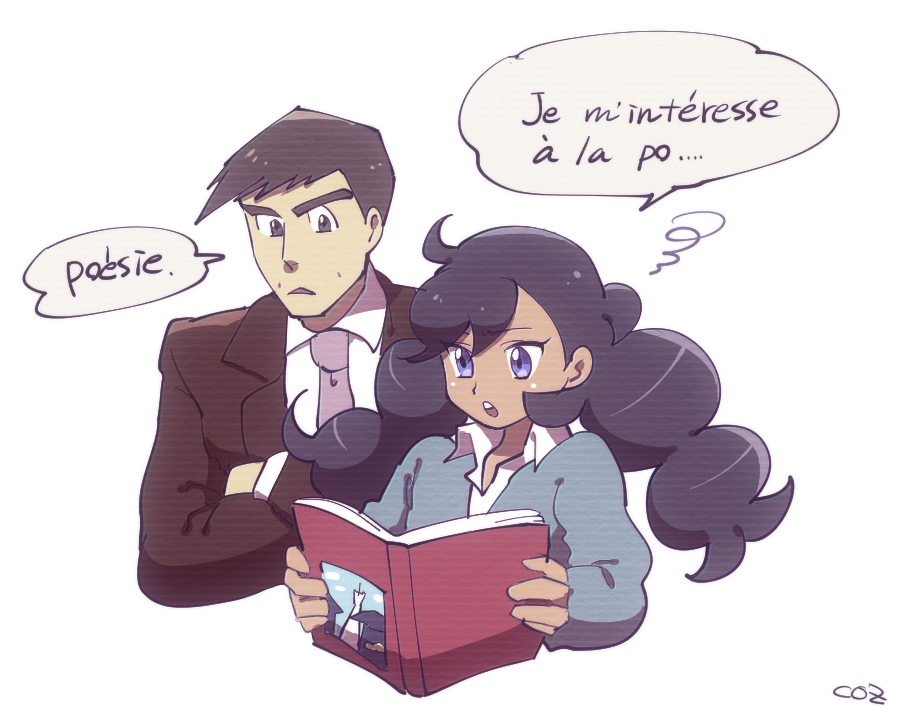 1boy 1girl black_hair blue_eyes book coat collared_shirt commentary_request cozqqq crossed_arms dark-skinned_female dark_skin emma_(pokemon) french_text holding holding_book looker_(pokemon) looking_at_another necktie nintendo pokemon pokemon_xy reading shirt signature thick_eyebrows translated trench_coat