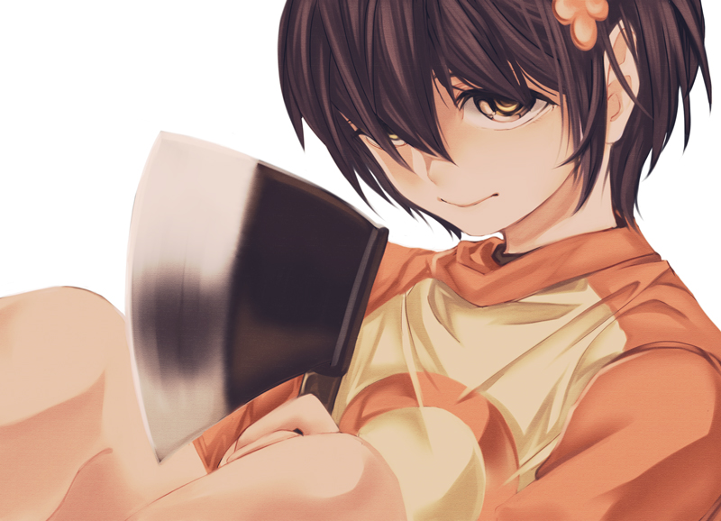 1girl axe bad_id bad_pixiv_id brown_hair chie_(lcddem) circle female_focus flower hair_ornament hairclip holding lcddem looking_at_viewer olmatown short_hair sidelocks simple_background smirk solo weapon white_background yellow_eyes