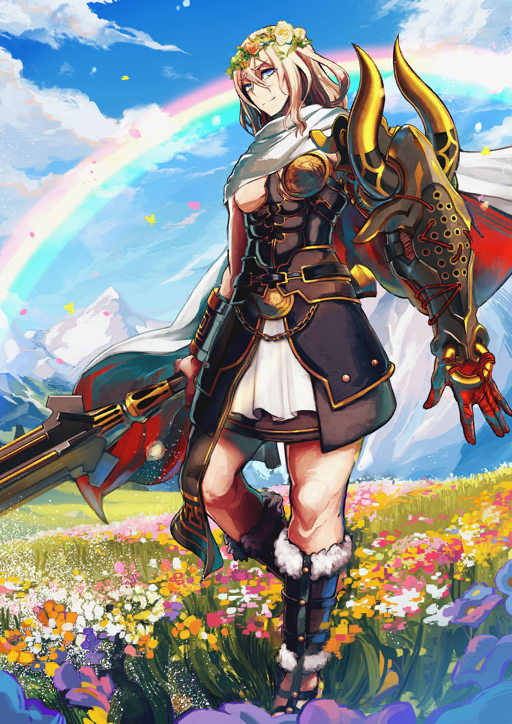1boy ancient_greek_clothes arm_armor armor arms_at_sides blonde_hair blue_sky cape chain closed_mouth clothing_request cloud fate/grand_order fate_(series) field flower flower_field flower_wreath foot_out_of_frame game_cg greco-roman_clothes hair_between_eyes head_wreath holding holding_sword holding_weapon leg_up long_hair_between_eyes looking_at_viewer male_focus medium_hair o-ring official_art outdoors pectorals rainbow red_cape sandals shimadoriru single_bracer sky smile solo standing standing_on_one_leg sword theseus_(fate) third-party_source toned toned_male two-sided_cape two-sided_fabric v-shaped_eyebrows variant_set weapon white_cape yarn