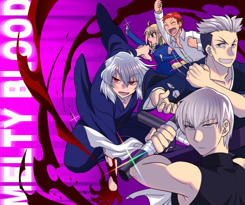 1girl 4boys ahoge akariya_kuubu arms_up baton_(weapon) black_shirt blonde_hair blood cheering collared_shirt expressionless fingernails green_eyes happy holding holding_weapon inui_arihiko japanese_clothes kimono looking_at_viewer melty_blood multiple_boys nanako_(tsukihime) nanaya_kiri needle red_eyes sharp_fingernails shirt short_hair sleeveless sleeveless_shirt smile tohno_shiki_(2) tsukihime weapon white_hair white_shirt