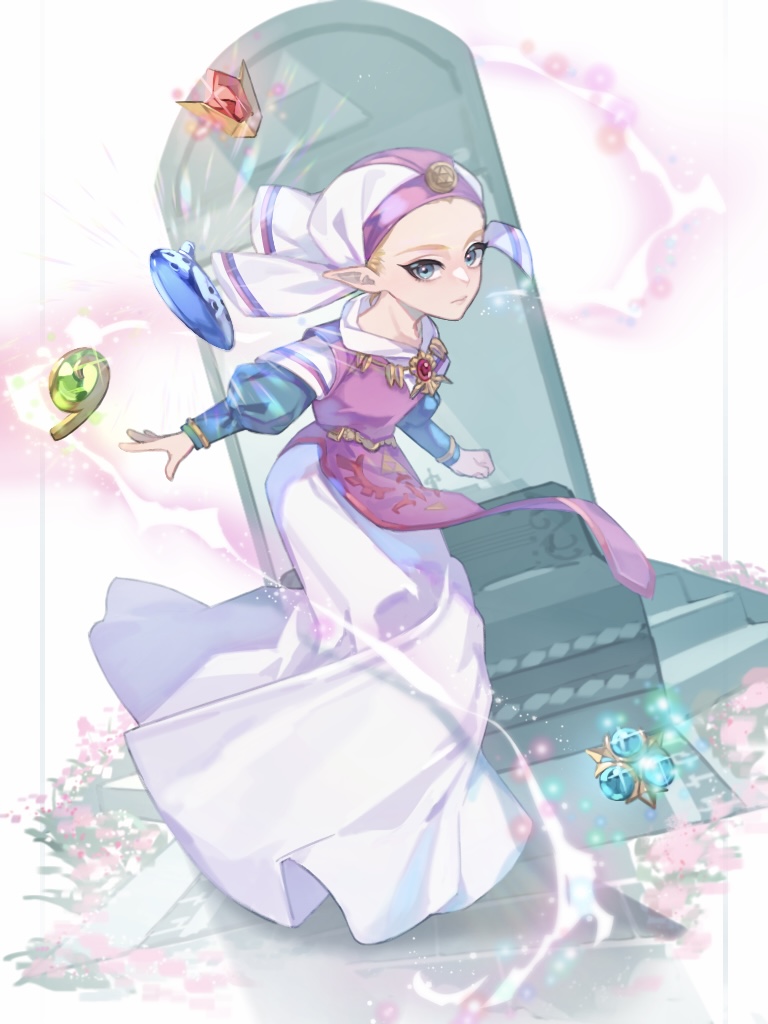 1girl blue_eyes blue_gemstone closed_mouth commentary_request dress floating gem green_gemstone instrument long_dress nintendo ocarina pointy_ears princess_zelda red_gemstone solo standing the_legend_of_zelda the_legend_of_zelda:_ocarina_of_time tombstone white_dress young_zelda yuu_(ranranran1028)