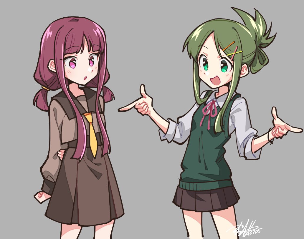 2girls artist_name brown_hair brown_shirt brown_skirt green_eyes green_hair green_sweater_vest grey_background long_sleeves low_twintails multiple_girls nishida_satono pink_eyes puffy_long_sleeves puffy_sleeves sailor_collar school_uniform shikido_(khf) shirt sidelocks skirt smile sweater_vest teireida_mai touhou twintails white_shirt