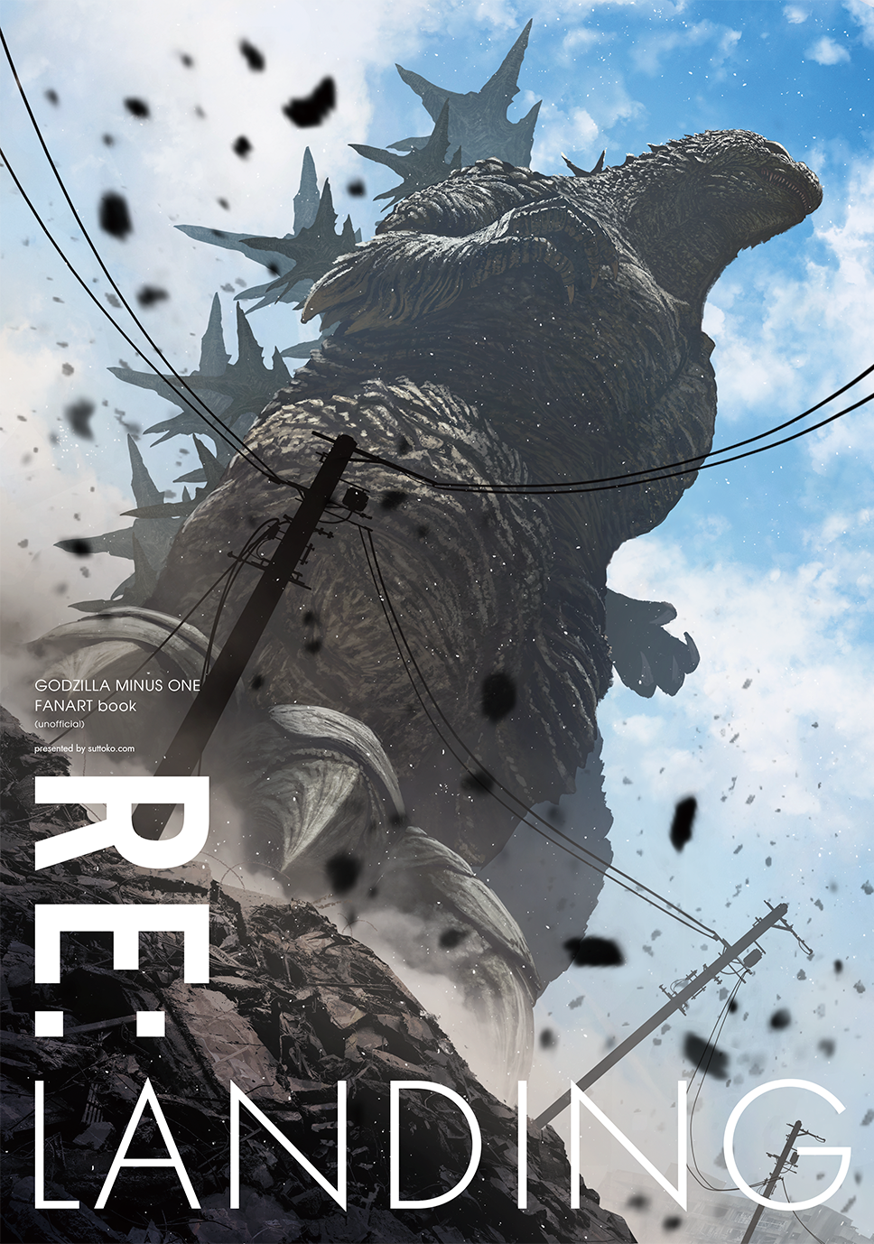 black_hair black_scales blue_sky comiket_103 destruction english_text giant giant_monster godzilla godzilla_(minus_one) godzilla_(series) godzilla_minus_one highres kaiju realistic rubble ruins scales sky spines suttoko toho tokusatsu utility_pole